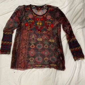 Johnny Was Multicolor Embroidered Sheer Blouse